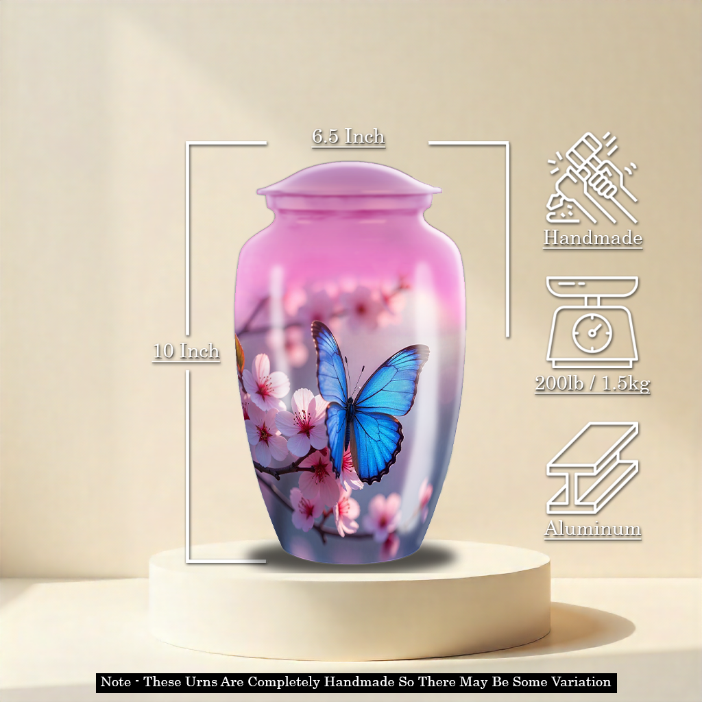 Blue & Pink Butterfly Floral Cremation Urn