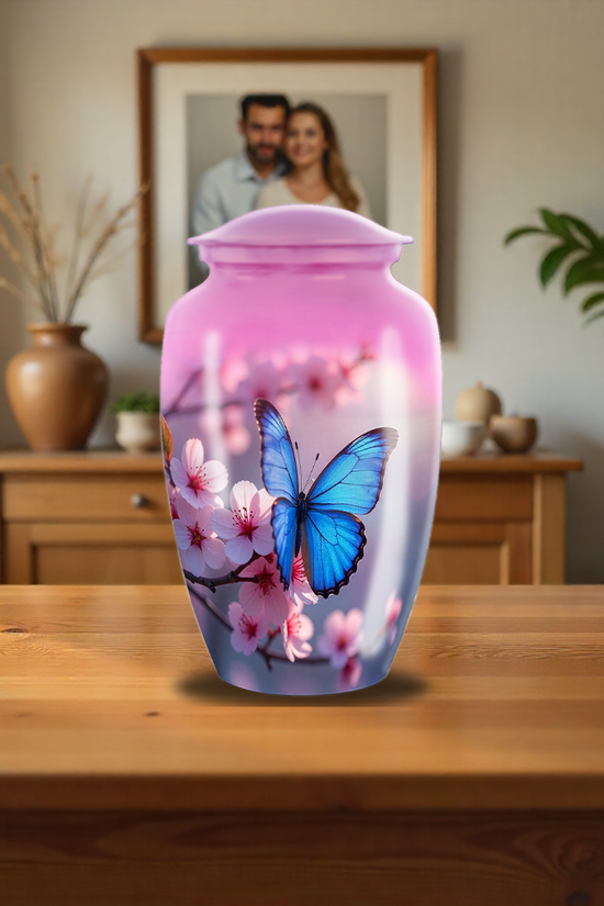 Blue & Pink Butterfly Floral Cremation Urn