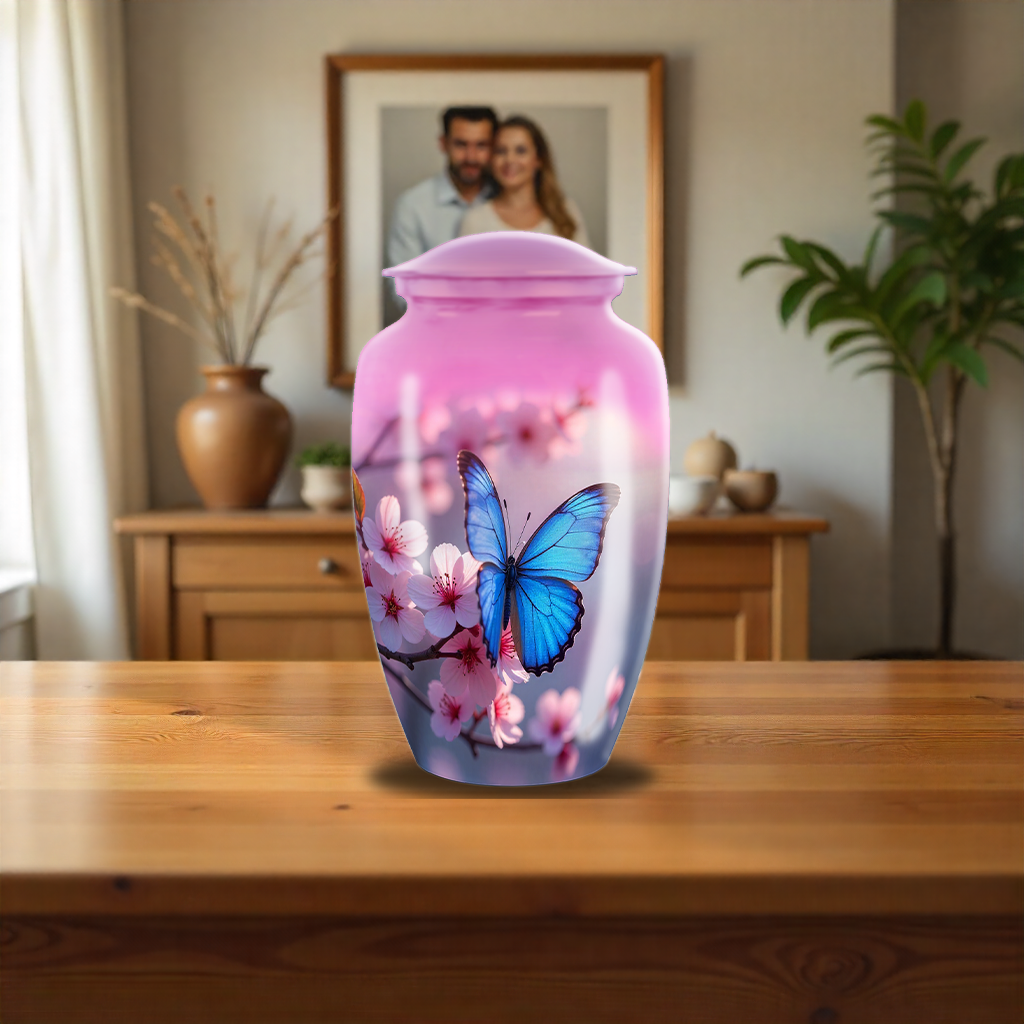 Blue & Pink Butterfly Floral Cremation Urn