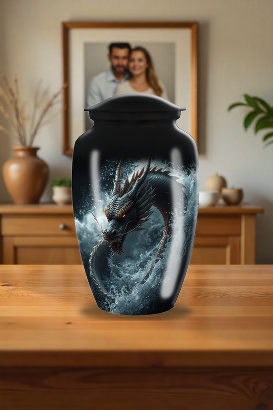 Black Japanese Dragon Large Cremation Urn For Ashes For Adults