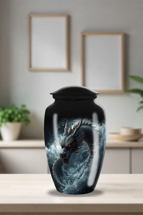 Black Japanese Dragon Large Cremation Urn For Ashes For Adults