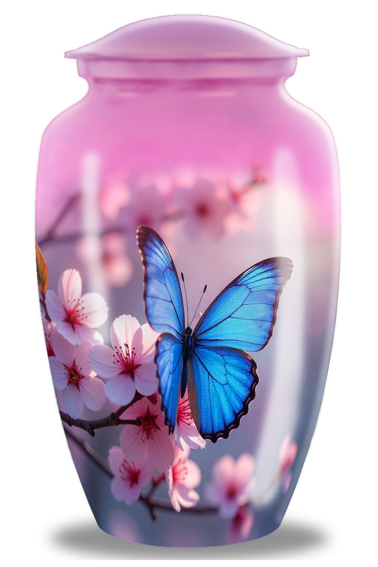 Blue & Pink Butterfly Floral Cremation Urn